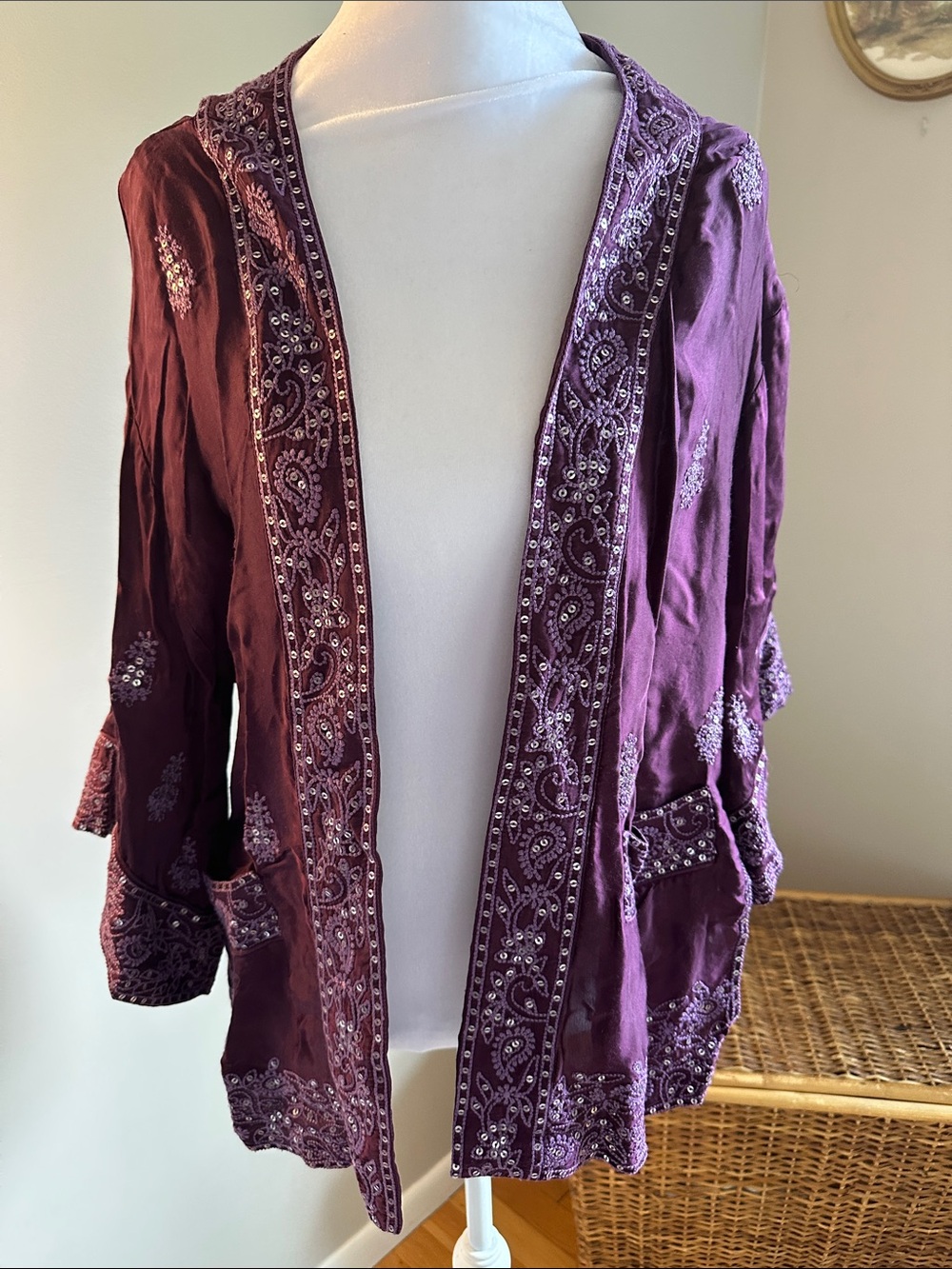 Soft Surroundings Open Front Embroidered Cupro Blend Kimono, Plum Color, 
Sz S